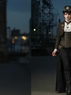 Model in intricate steampunk fashion, blending Victorian elegance with industrial elements.