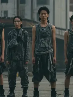 Diverse individuals showcasing ethical underground fashion in an urban setting, featuring sustainable materials and unique designs.