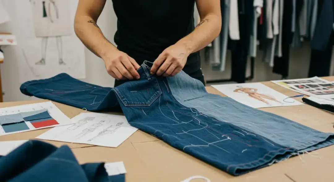 Fashion designer hand-stitching deconstructed denim in a studio, showcasing artisanal craftsmanship.