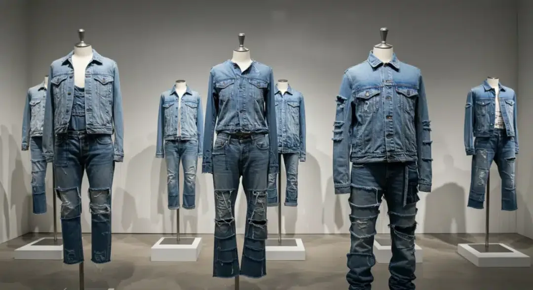 Sustainable deconstructed denim collection on mannequins, highlighting eco-conscious fashion.