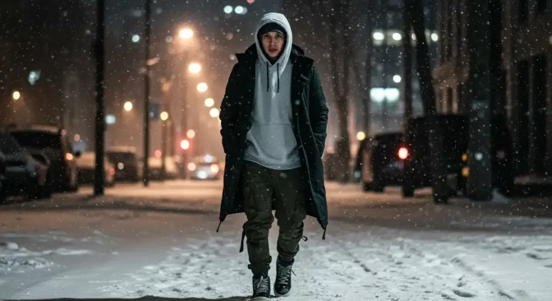 Functional layered outfit in snowy urban environment