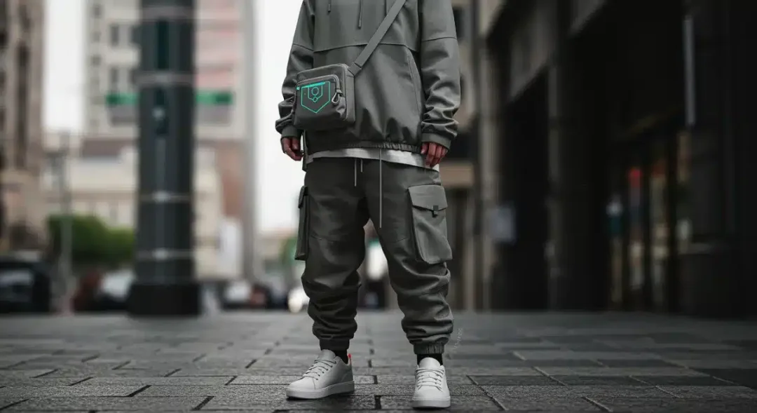 Digital nomad chic outfit illustration, merging techwear and minimalist fashion for 2026