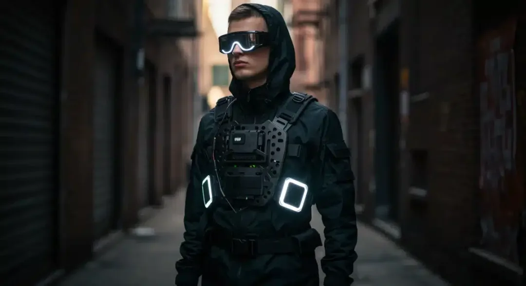 Futuristic techwear fashion with integrated gadgets in an urban setting