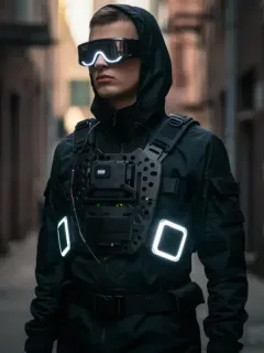 Futuristic techwear fashion with integrated gadgets in an urban setting