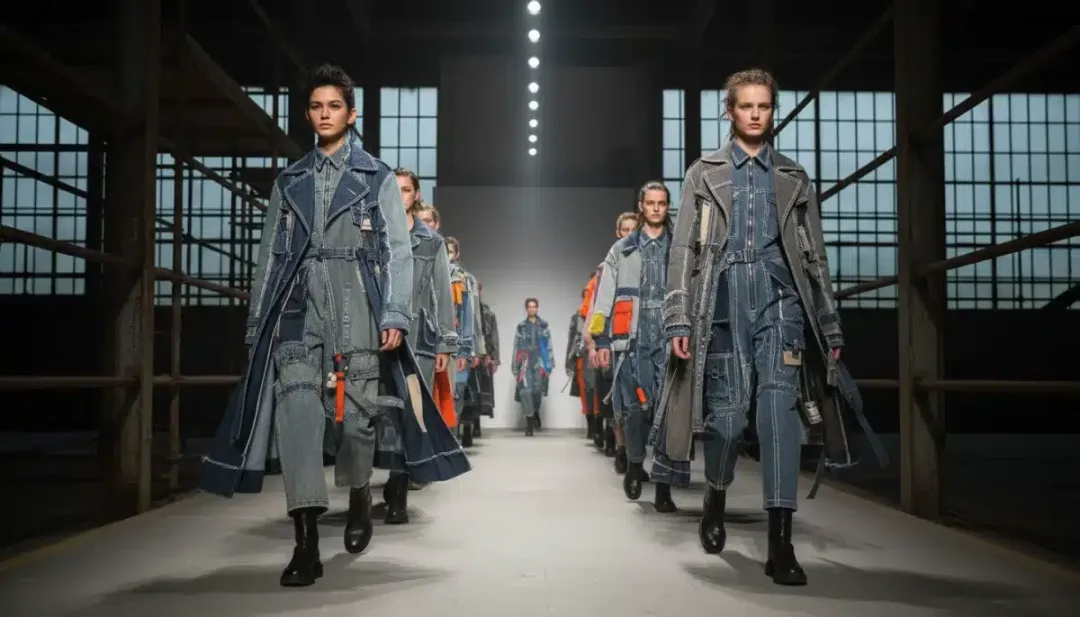 Gender-fluid, upcycled fashion on a runway, symbolizing sustainable subculture style.