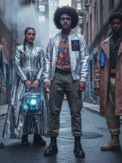 Youth embracing futuristic and vintage fashion in an urban art setting, showcasing emerging subculture trends.