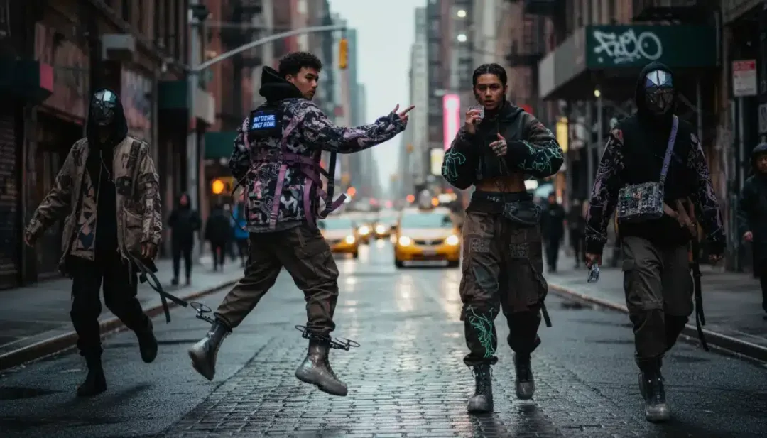Street style showcasing new pieces from a 2026 underground fashion collaboration in an urban setting.