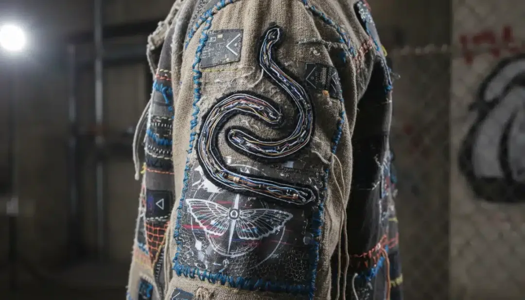 Detail of innovative textile and graphic print from a 2026 underground fashion collaboration.
