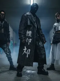 Models showcasing avant-garde streetwear from an underground fashion collaboration against an urban backdrop.