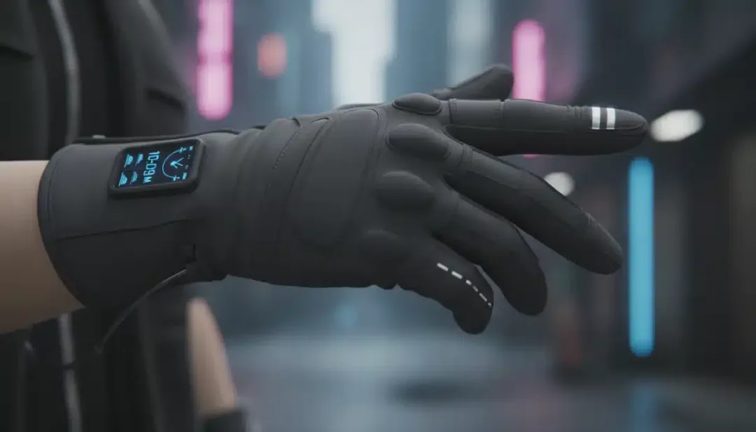 Smart glove with integrated display and touch sensors, enhancing techwear functionality.