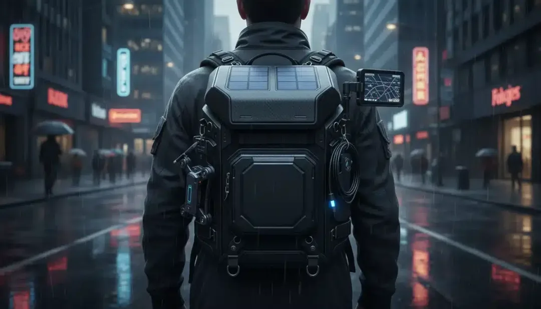 Modular techwear backpack with solar panels and gadget attachments.