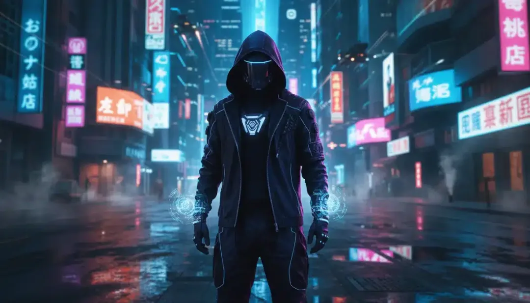 Futuristic techwear ensemble with glowing accessories in an urban night scene.