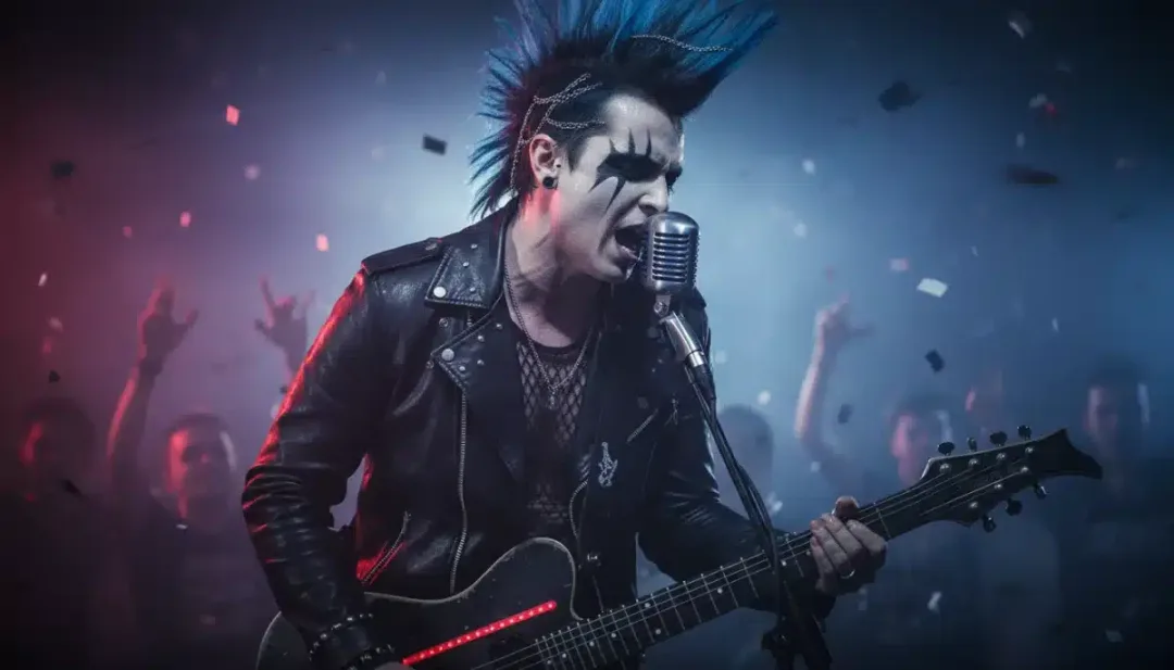 Musician with subculture-inspired fashion performing on a dimly lit stage with intense lighting.