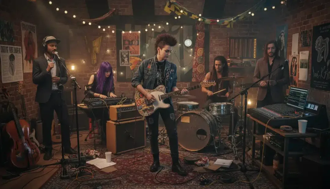 Diverse group of young artists collaborating in a creative studio with instruments and recording gear.