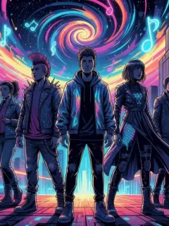 Dynamic illustration of diverse subcultures converging through music in an urban setting.