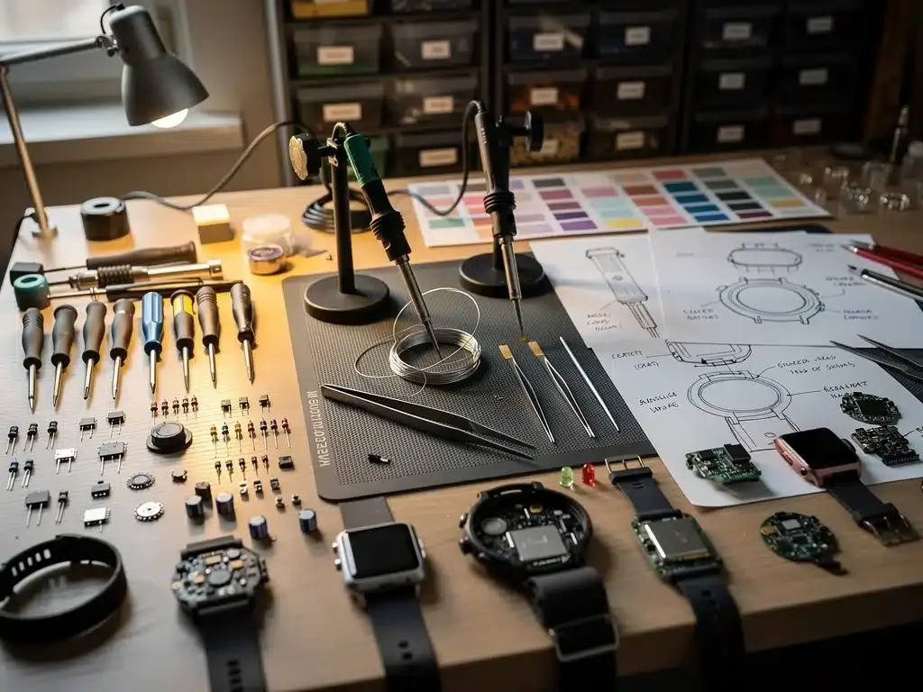 DIY tech modding workbench with tools and components for wearable customization.