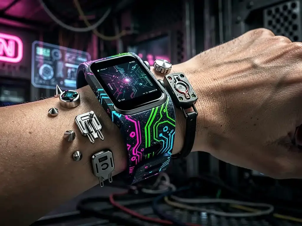 Hand wearing a customized fitness tracker with cyberpunk designs, showcasing alternative aesthetic.