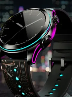 Customized smartwatch with metallic accents and neon lights, embodying an alternative tech aesthetic.