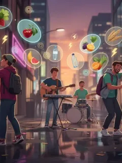 Urban landscape with creative individuals and glowing nutrition elements.