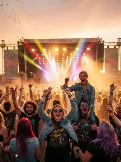 Vibrant crowd enjoying an alternative music festival at sunset, stage lit.