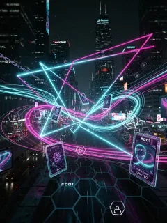 Futuristic digital art with neon lines and blockchain symbols representing NFT trends.