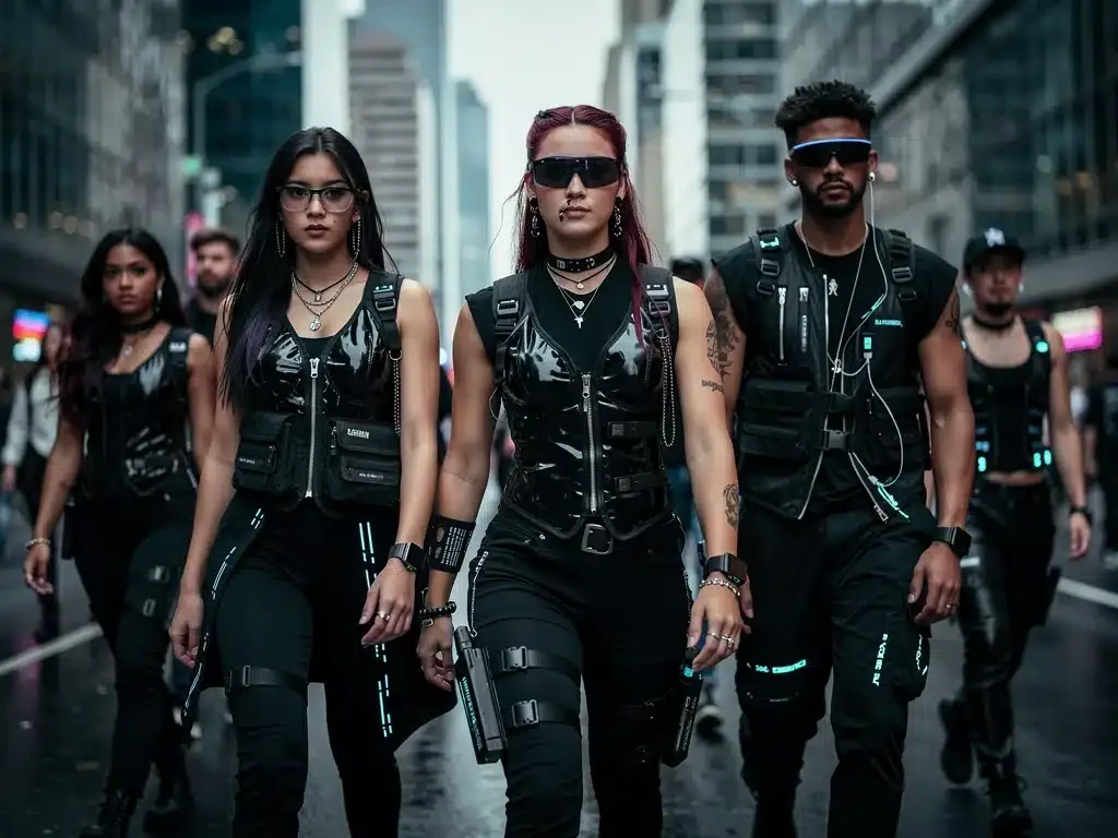 Diverse group of Gen Z individuals sporting Goth-Tech fashion on city street