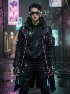 Gen Z individual in Goth-Tech attire with futuristic elements in urban setting