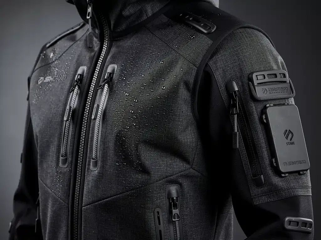 Close-up of an innovative techwear jacket with advanced materials and modular design elements