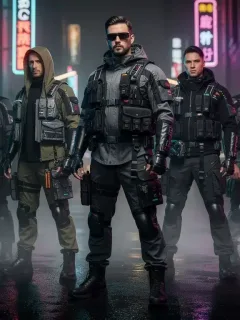 Futuristic techwear fashion models in an urban setting, showcasing new designs for 2026