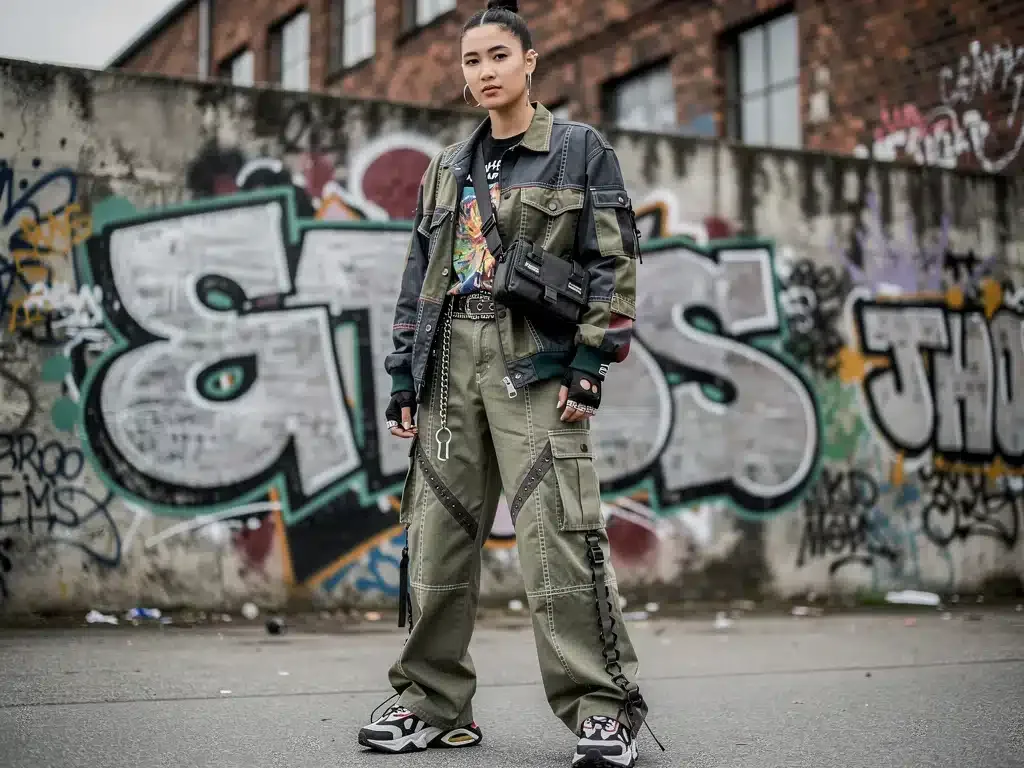 Model in urban setting wearing underground fashion collaboration outfit