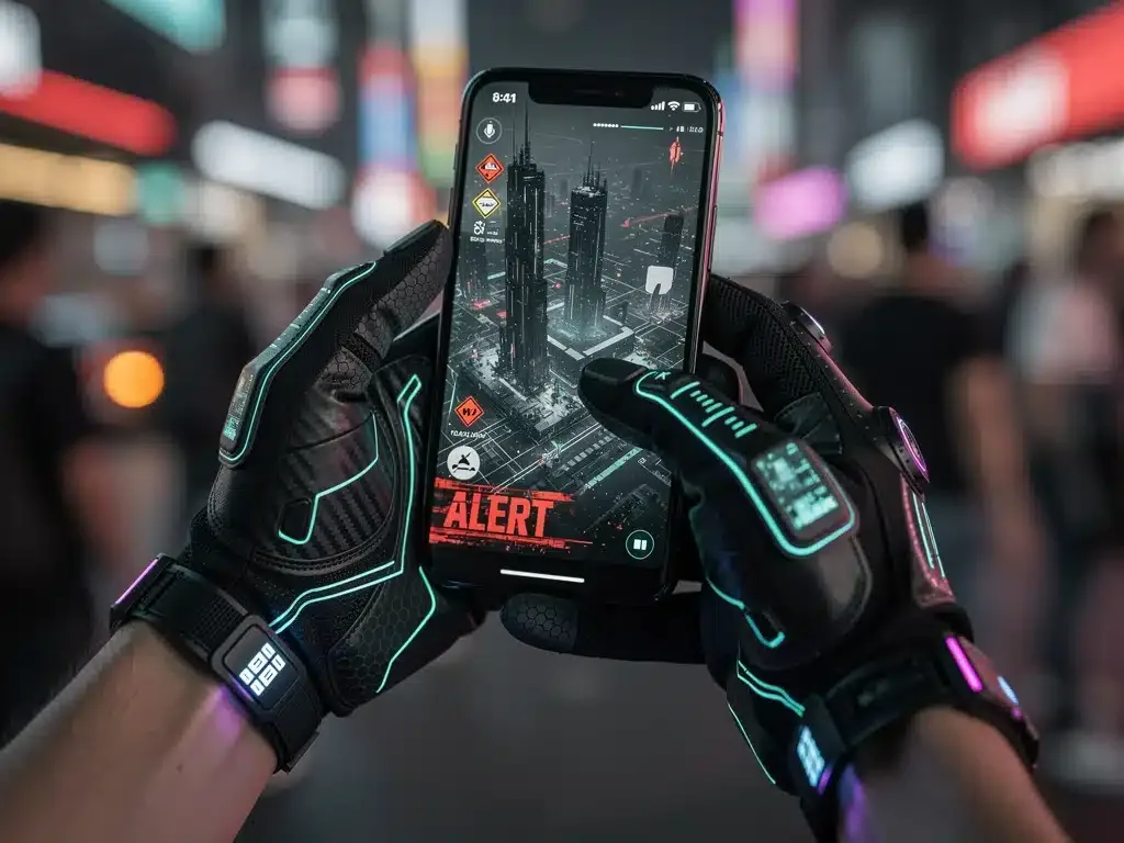 Close-up of techwear gloves with integrated touchscreens and glowing accents, holding a smartphone.