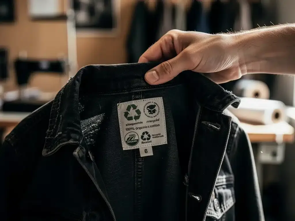 Hand inspecting sustainable fashion label with certifications
