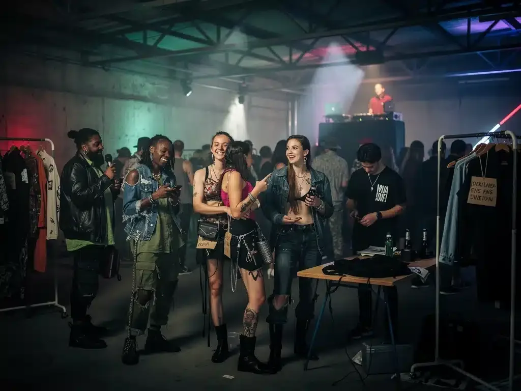 Attendees at an exclusive underground fashion event, highlighting community and unique styles.