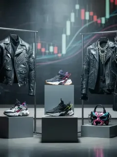 Avant-garde underground fashion collectibles displayed in a modern gallery, representing investment potential amidst economic shifts.