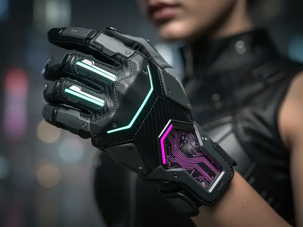 Close-up of techwear gloves with LED lights, a crucial cyberpunk fashion accessory.