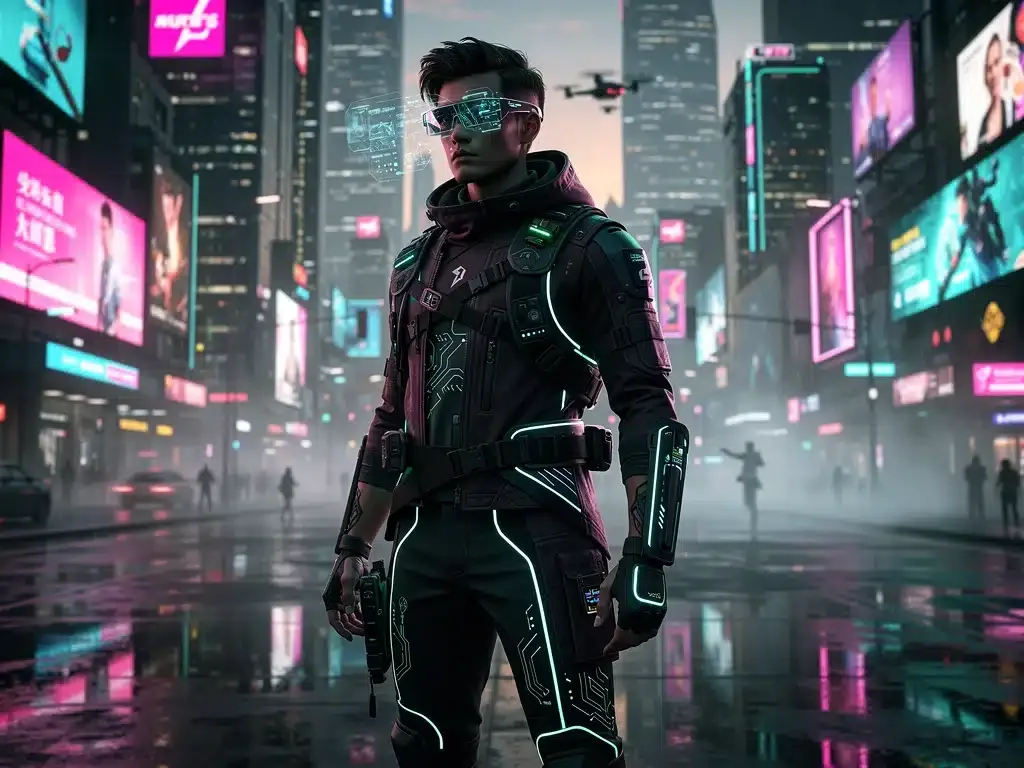 Cyberpunk fashion enthusiast in a neon-lit futuristic cityscape at dusk, showcasing 2026 trends.