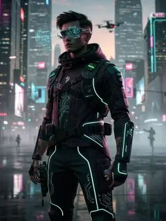 Cyberpunk fashion enthusiast in a neon-lit futuristic cityscape at dusk, showcasing 2026 trends.