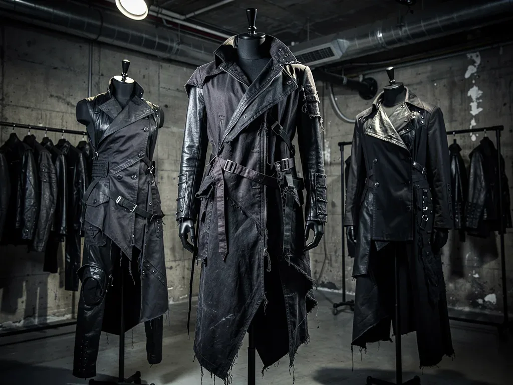 Archival darkwear garments displayed in a moody, industrial setting.