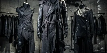 Archival darkwear garments displayed in a moody, industrial setting.