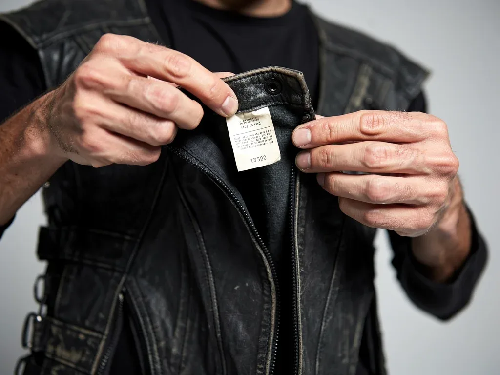 Collector authenticating a vintage darkwear garment's tag and fabric.