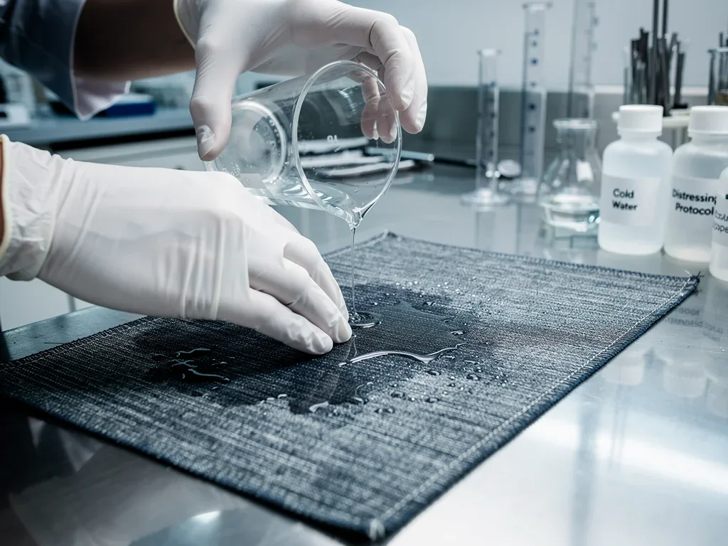 Designer applying cold water to fabric for distressing
