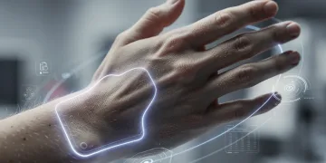 Futuristic subdermal implant glowing beneath skin, representing advanced biohacking technology.