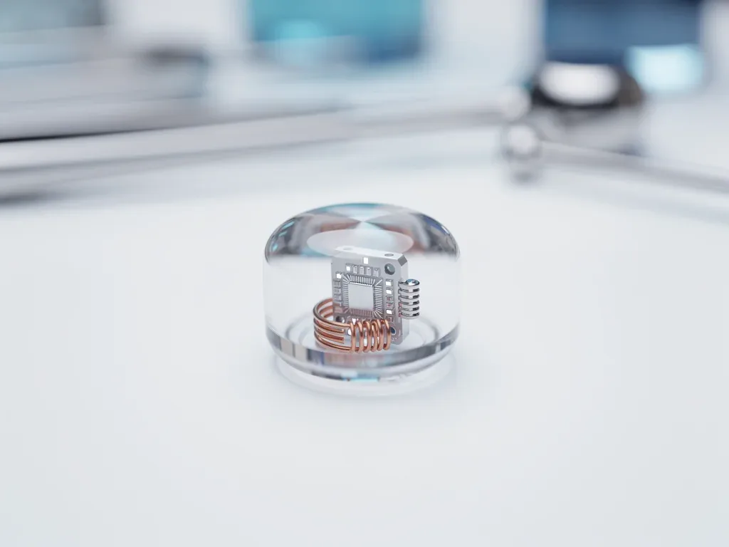 Close-up of a cylindrical biocompatible microchip implant, highlighting its advanced design.
