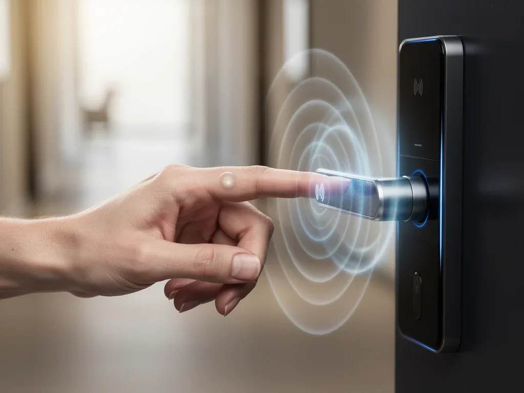 Person using NFC subdermal implant to unlock a smart door, showcasing practical application.