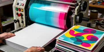 Risograph machine printing colorful zine pages, showcasing the unique aesthetic of Riso printing.