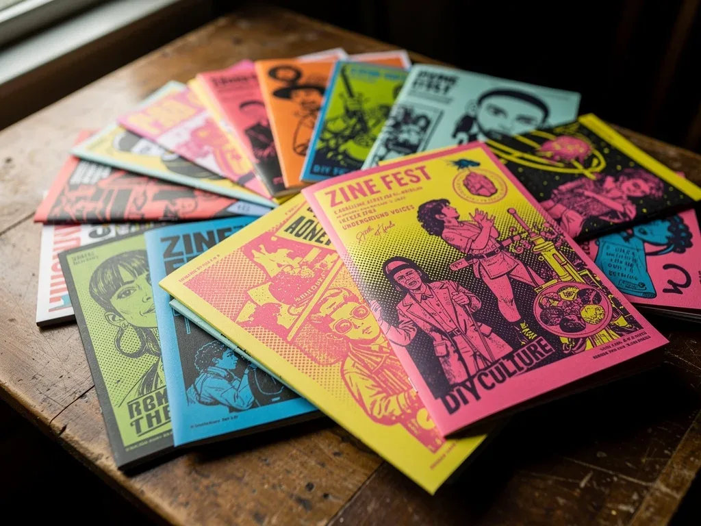 Collection of vibrant Risograph-printed subcultural zines on a table.