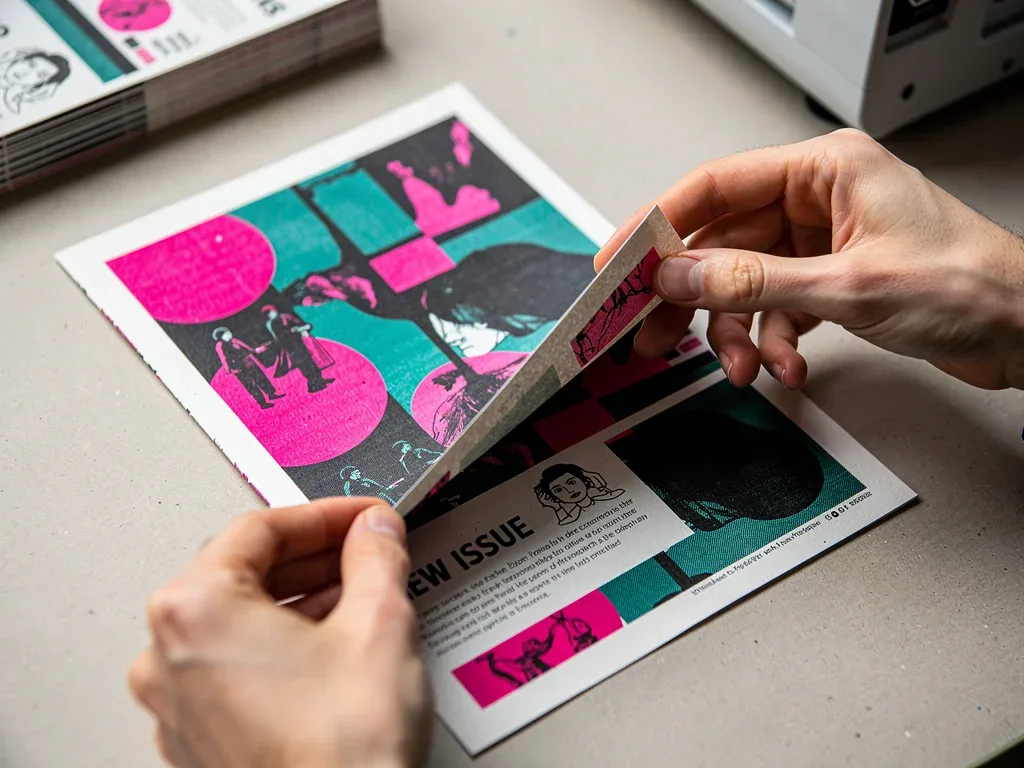 Hands examining a freshly printed Risograph zine page with bold graphics.