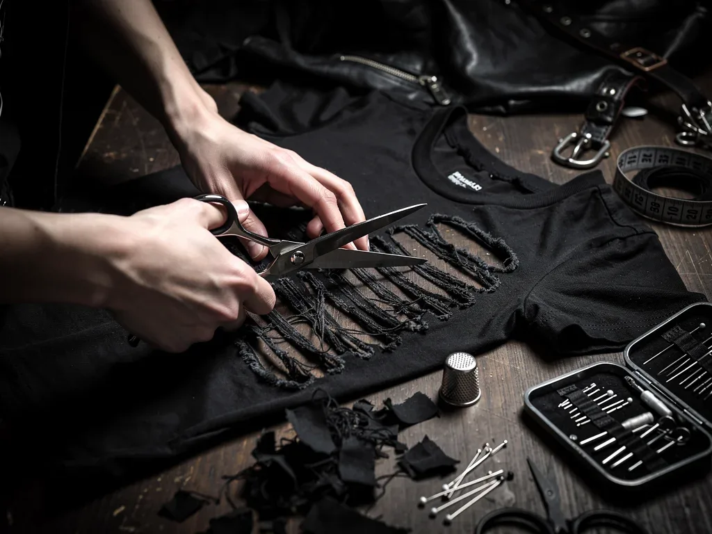 Hands deconstructing a black t-shirt for gothic style