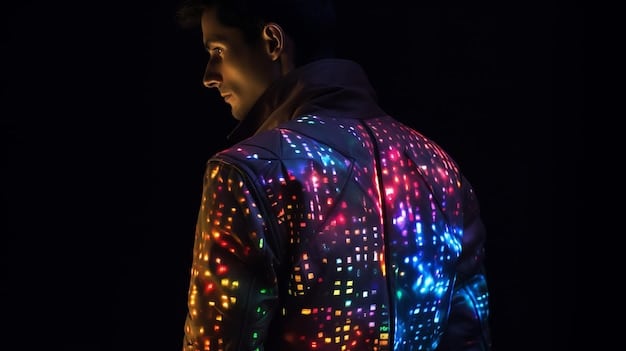 A person wearing a futuristic jacket with LED lights embedded in the fabric, creating a dynamic and customizable display. The lights are arranged in geometric patterns and can be programmed to change colors and animations.