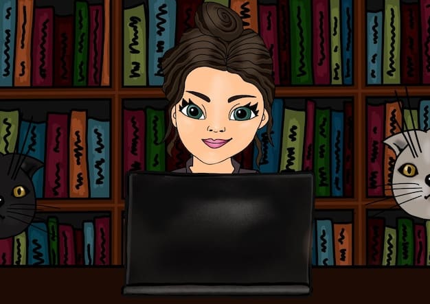 A young woman with dark, curly hair sits at a desk illuminated by a computer screen, surrounded by stacks of books. She is smiling slightly, with a focused expression.